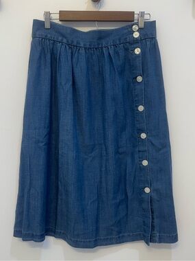 LOFT Indigo Linen Blend Button-Front Midi Skirt Womens 8 Western Prairie